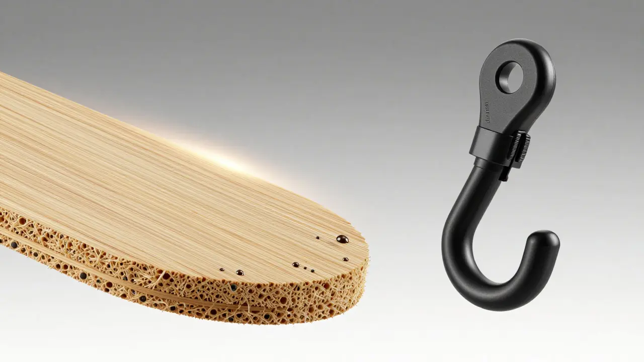 Detail podložky z eukalyptu a bambusu s antibakteriální vrstvou vedle kompaktního, silného háčku s upravitelným uchycením.