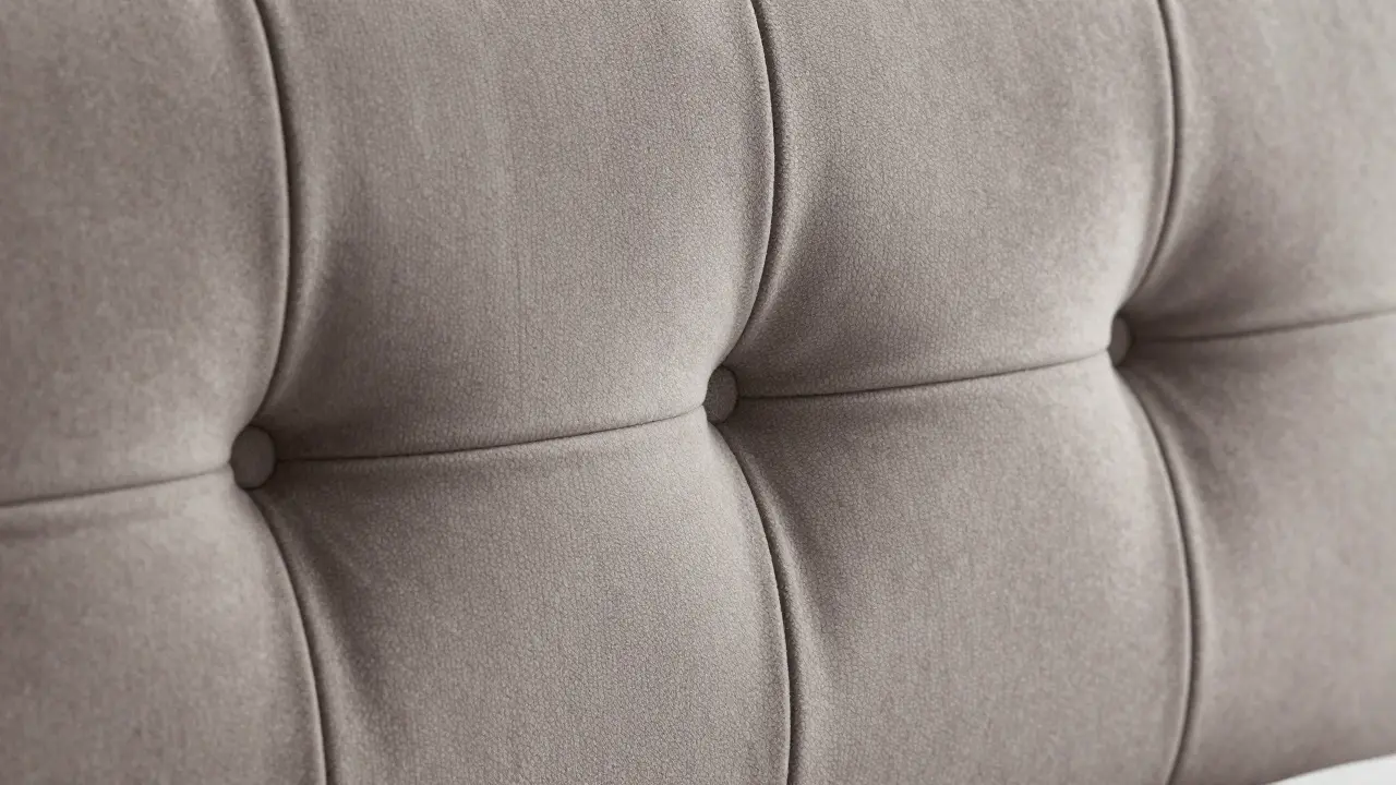 Detailní záběr na texturu a prošívaný povrch čalouněného čela postele.