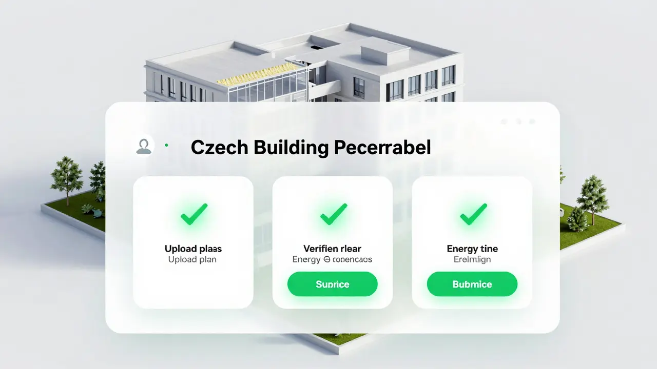 Digitální rozhraní stavebního portálu s AI asistentem, který vede uživatele k podání žádosti o povolení s ohledem na energetickou třídu E.