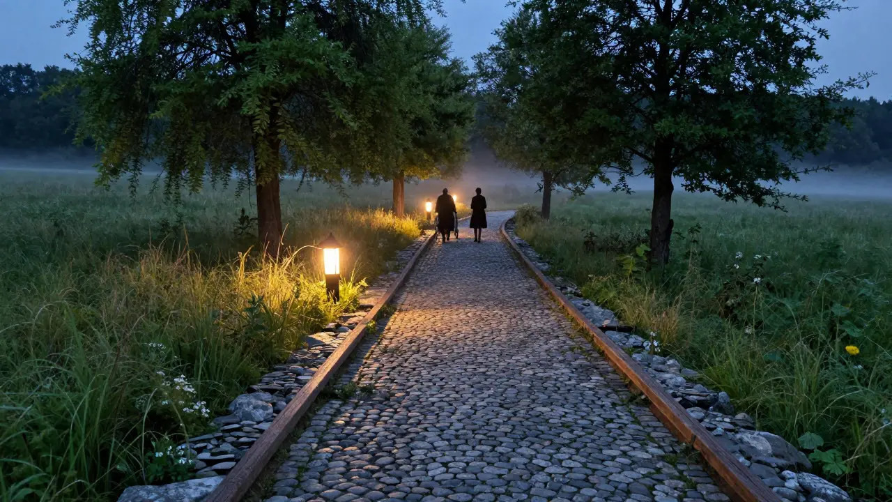 Dokončená přírodní cesta v krajině s lidmi