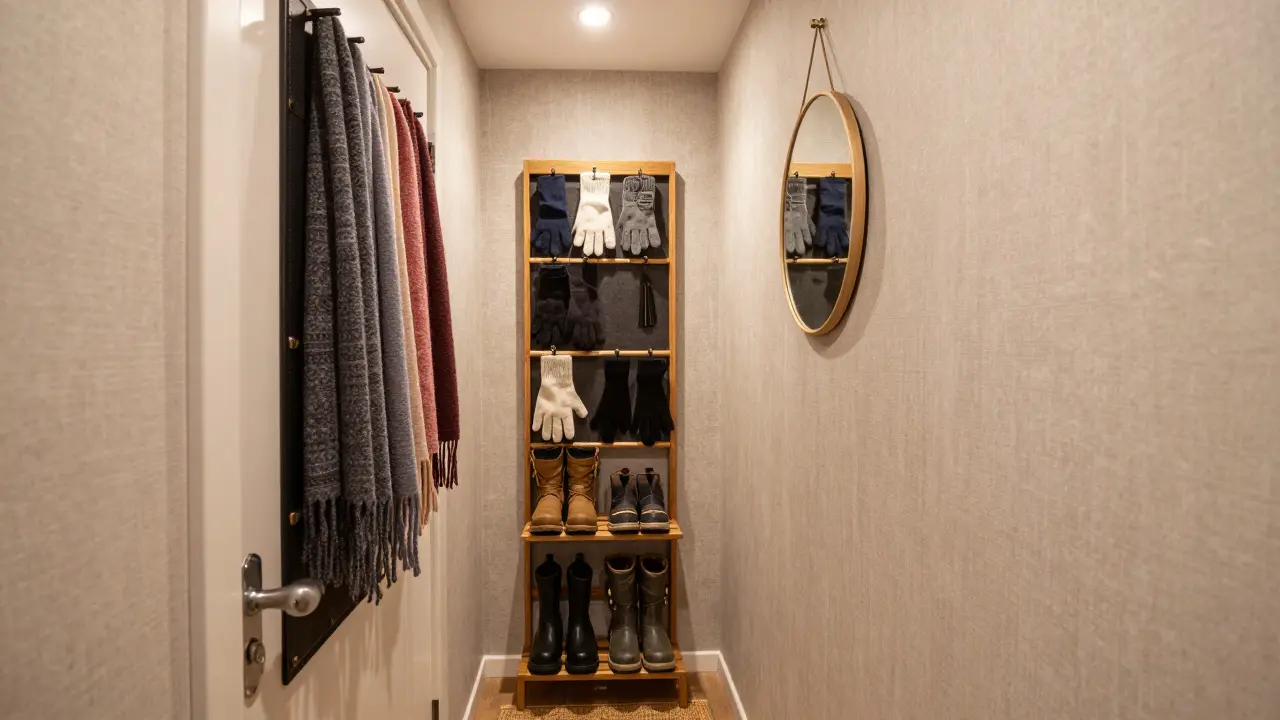 Door-mounted organizer and shoe rack with mirror in a compact entrance.