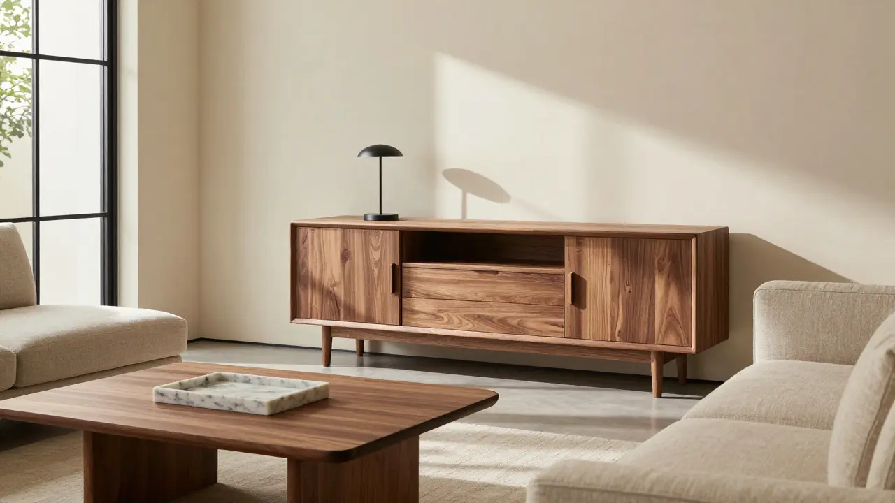 Dubový a ořechový nábytek v neutrálním interiéru s přírodními barvami