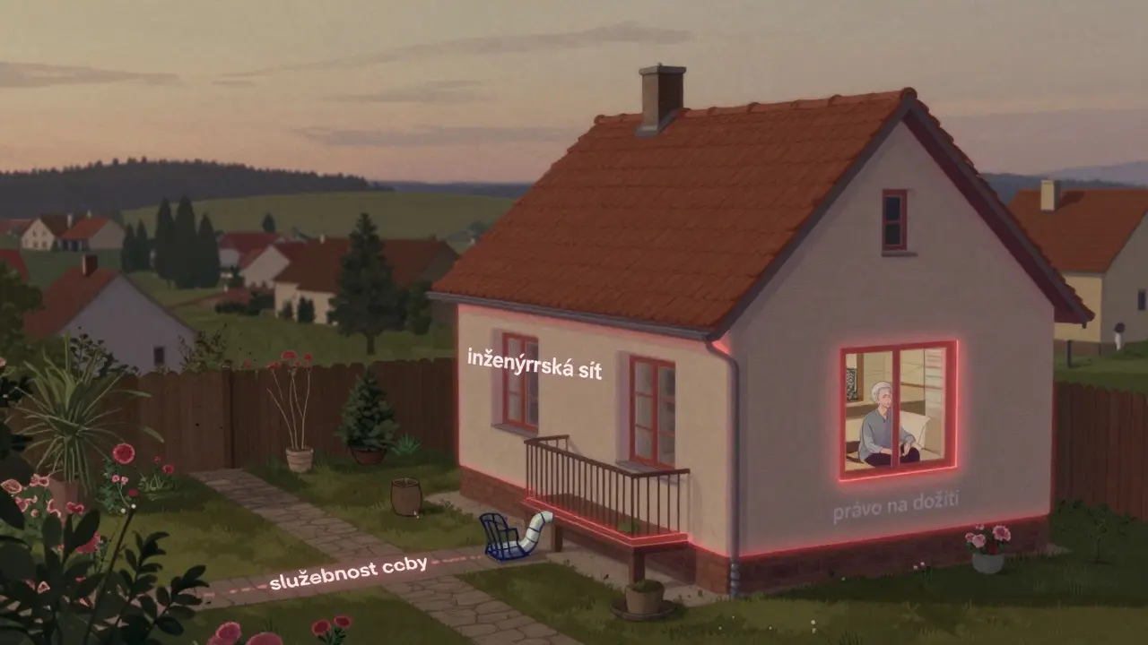 Dům s přehledně zvýrazněnými věcnými břemeny: cesta, potrubí a právo na dožití.