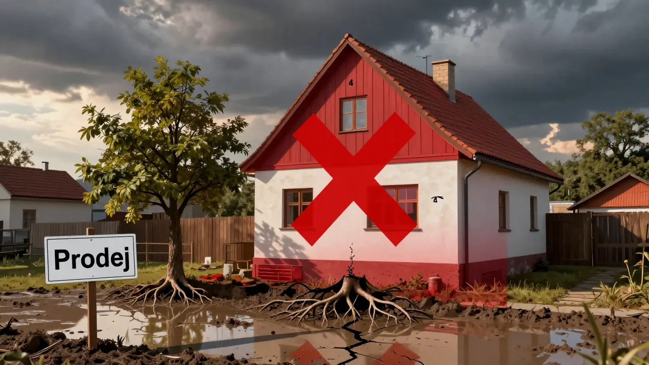 Dům s překrytou povodňovou mapou, zóna 4 v červené, částečně zatopený