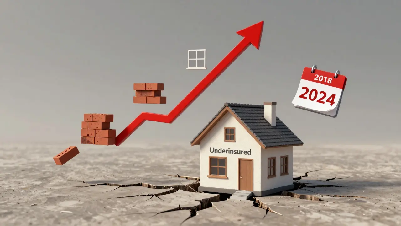 Dům s velkou trhlinou a nápisem 'podpojištění', nad ním stoupající ceny stavebních materiálů.