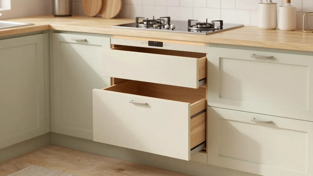 Ergonomic senior-friendly kitchen with low drawers, touch controls, and soft lighting in a minimalist Czech design.