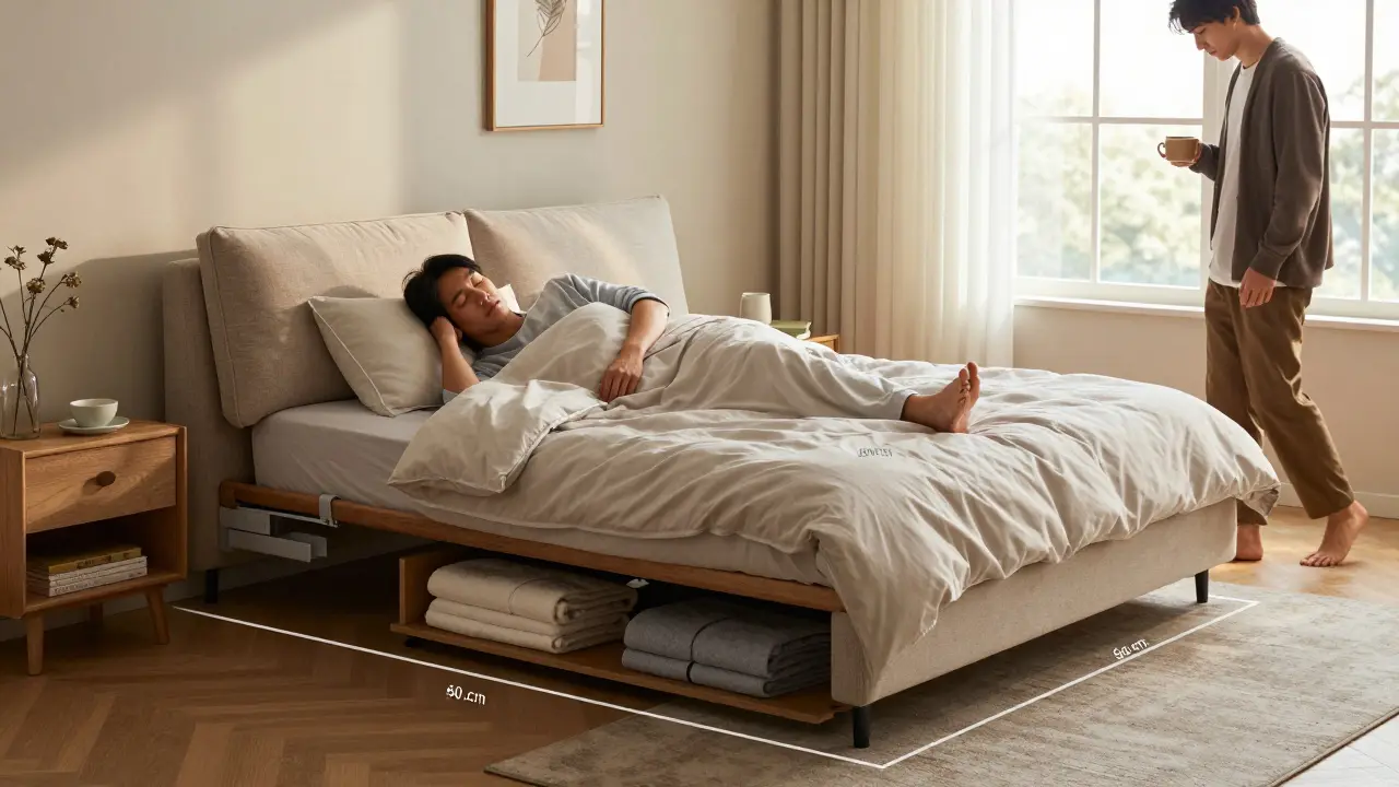 Host spí na rozložené pohovce v obývacím pokoji, pod ní viditelná úložná zásuvka s přikrývkami.