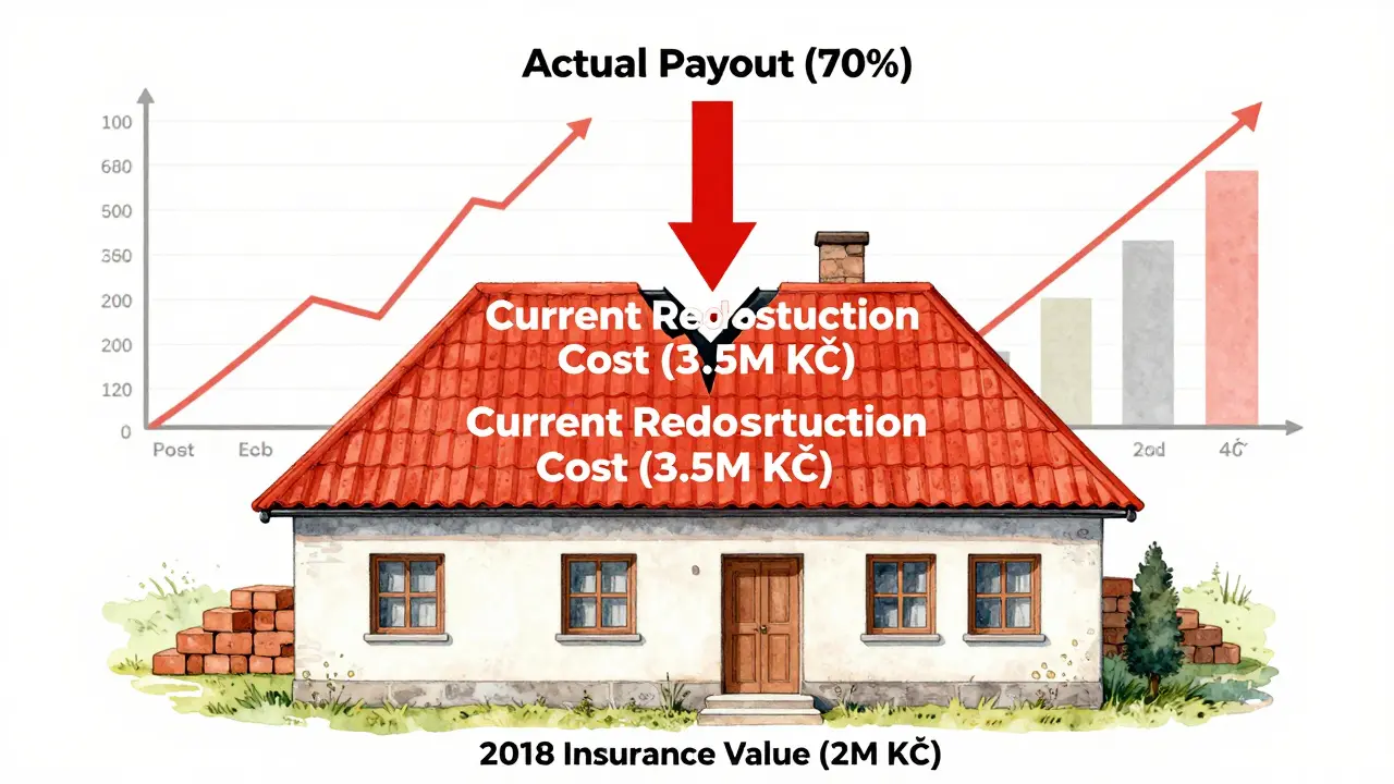 Ilustrace českého domu se třemi vrstvami hodnot: stará pojistná částka, aktuální náklady a výplata.
