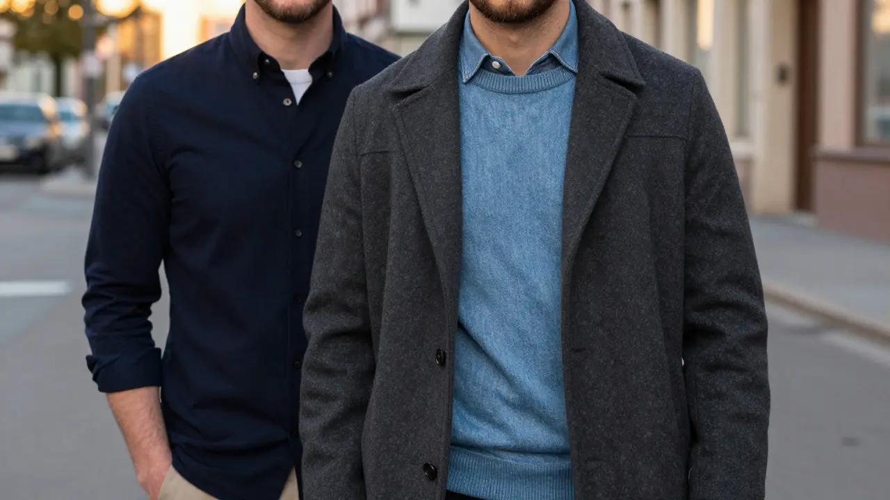 Každodenní módní složení z tmavěmodré, světlemodré a šedé barvy, elegantní a klidné.