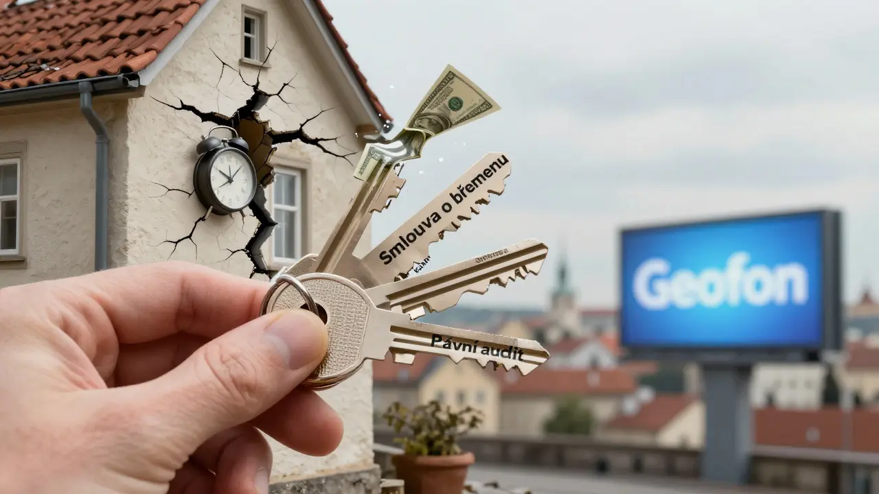 Klíč složený z právních dokumentů, symbolizující kontrolu a řešení věcných břemen.