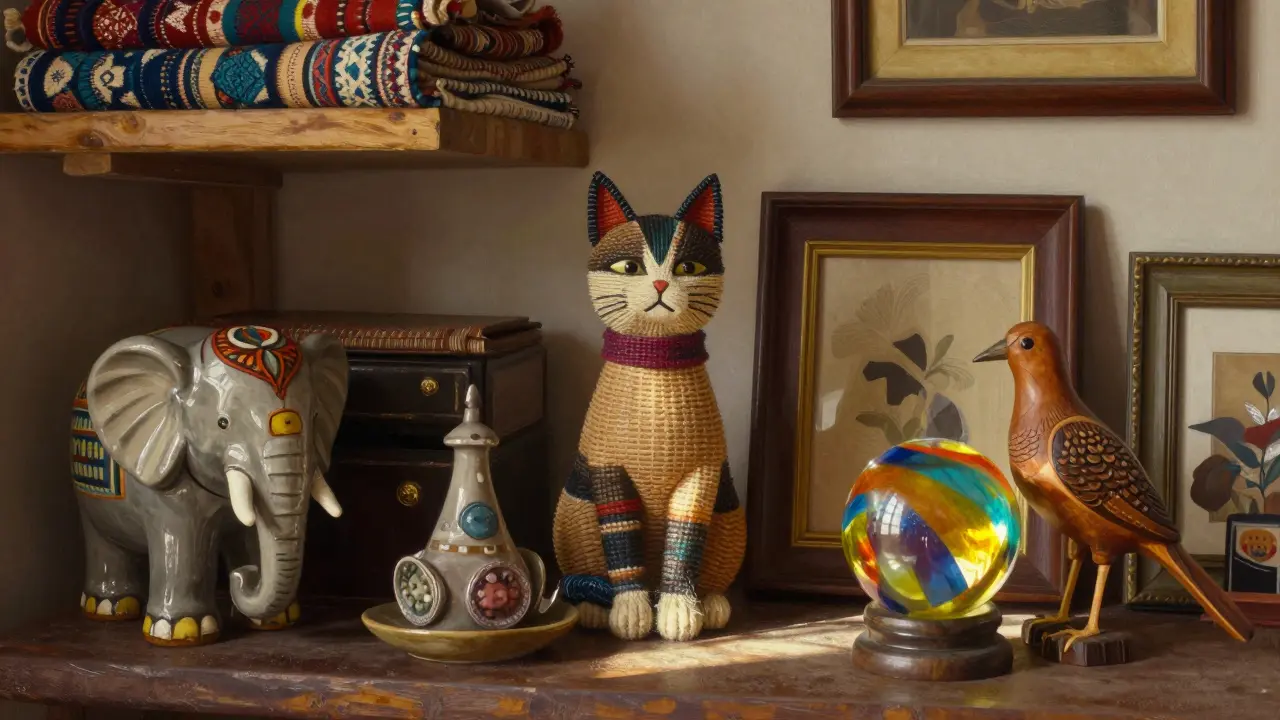 Kolekce různých ručně vyrobených figurky v bohemském rohu s textiliemi a přírodním světlem.