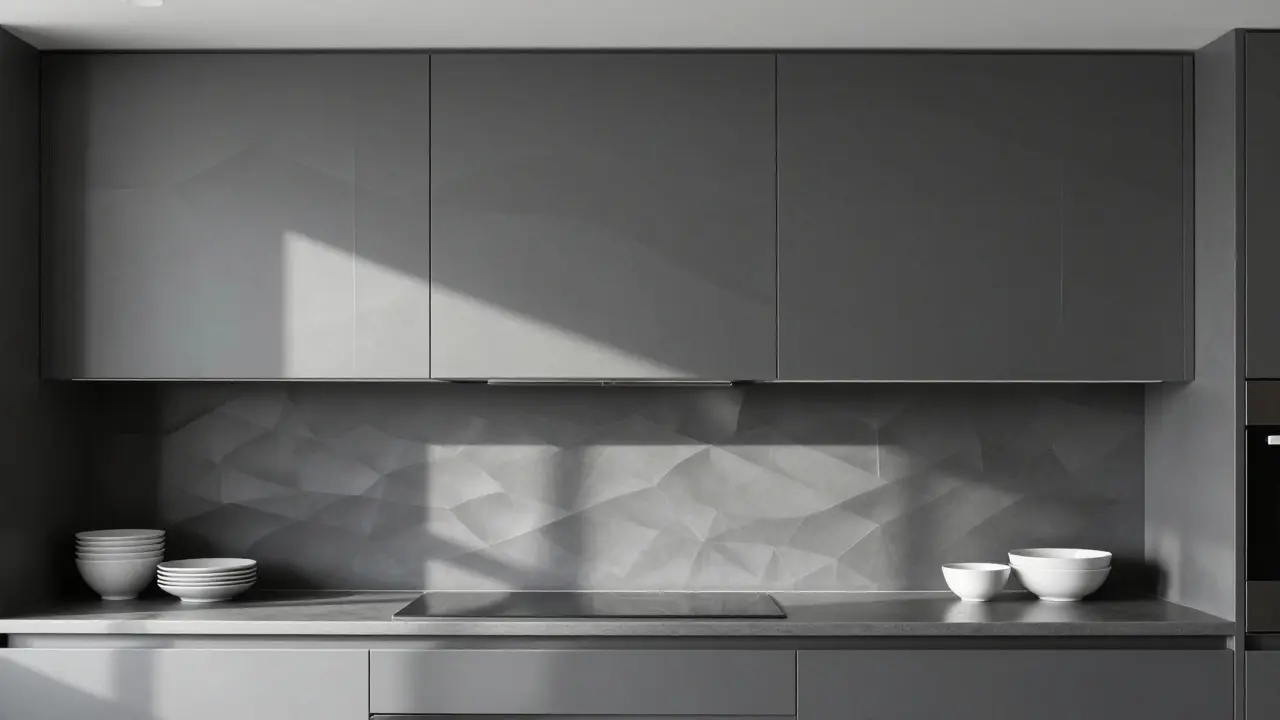 Kuchyně s 3D akustickými panely ve tvaru vln, moderní design, šedé barvy a světlo.