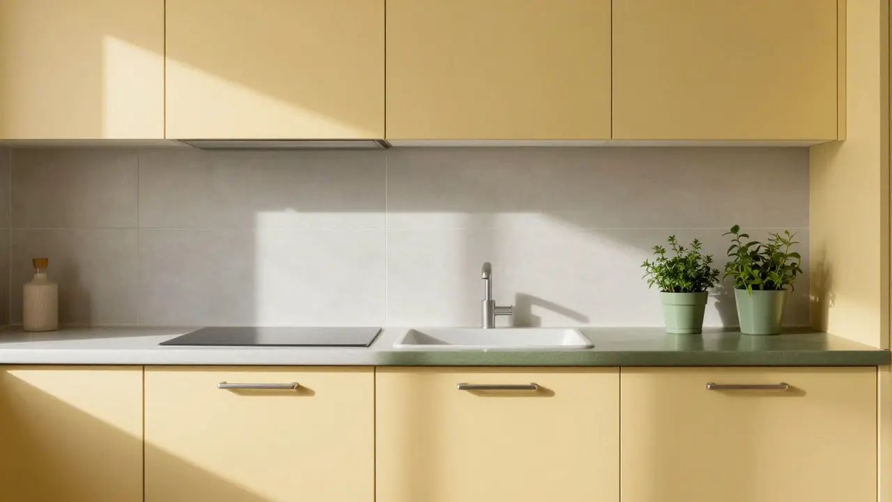 Kuchyně s jemně žlutými a zelenými odstíny, přírodními texturami a bílými doplňky.