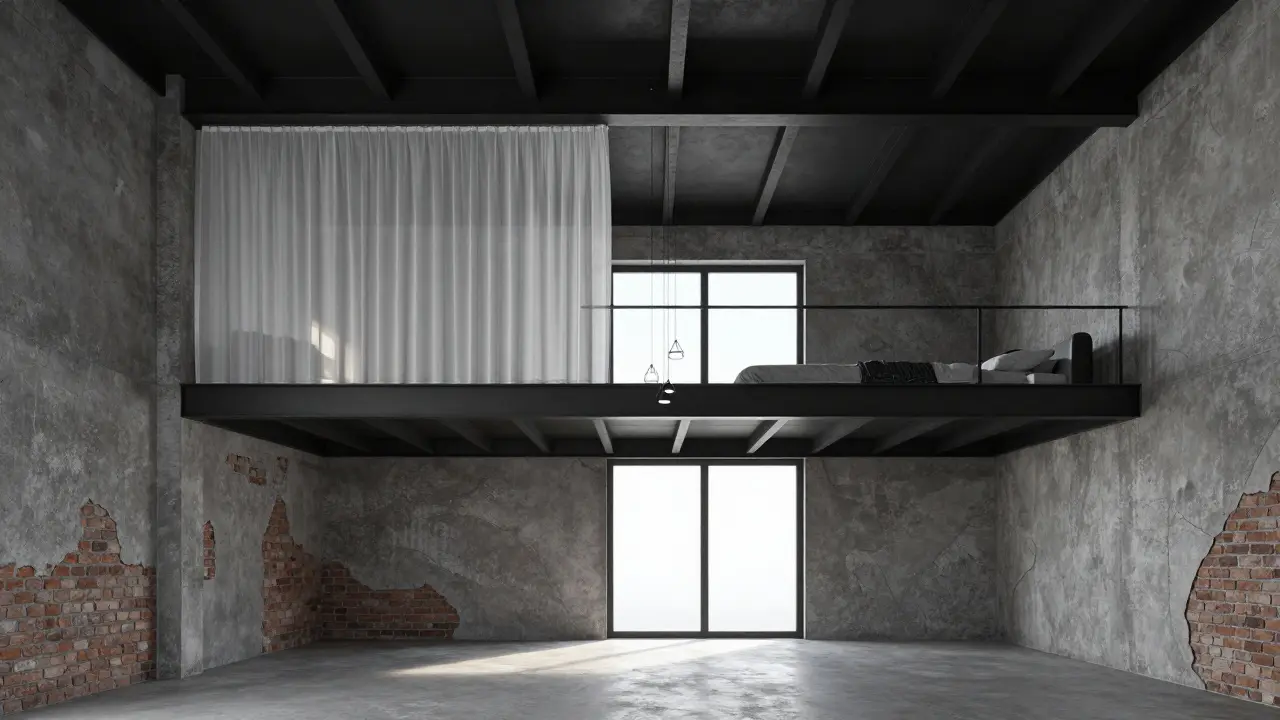 Malý loft s výškovým designem, přímo zavěšenou ložnicí a umělými ocelovými trámy, osvětlený přírodním světlem.