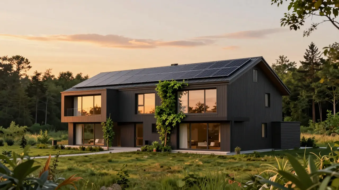 Moderní energeticky úsporný dům se solárními panely v záři slunce.