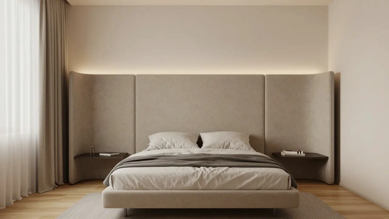 Moderní ložnice s nástěnným čalouněným panelem nad postelí.