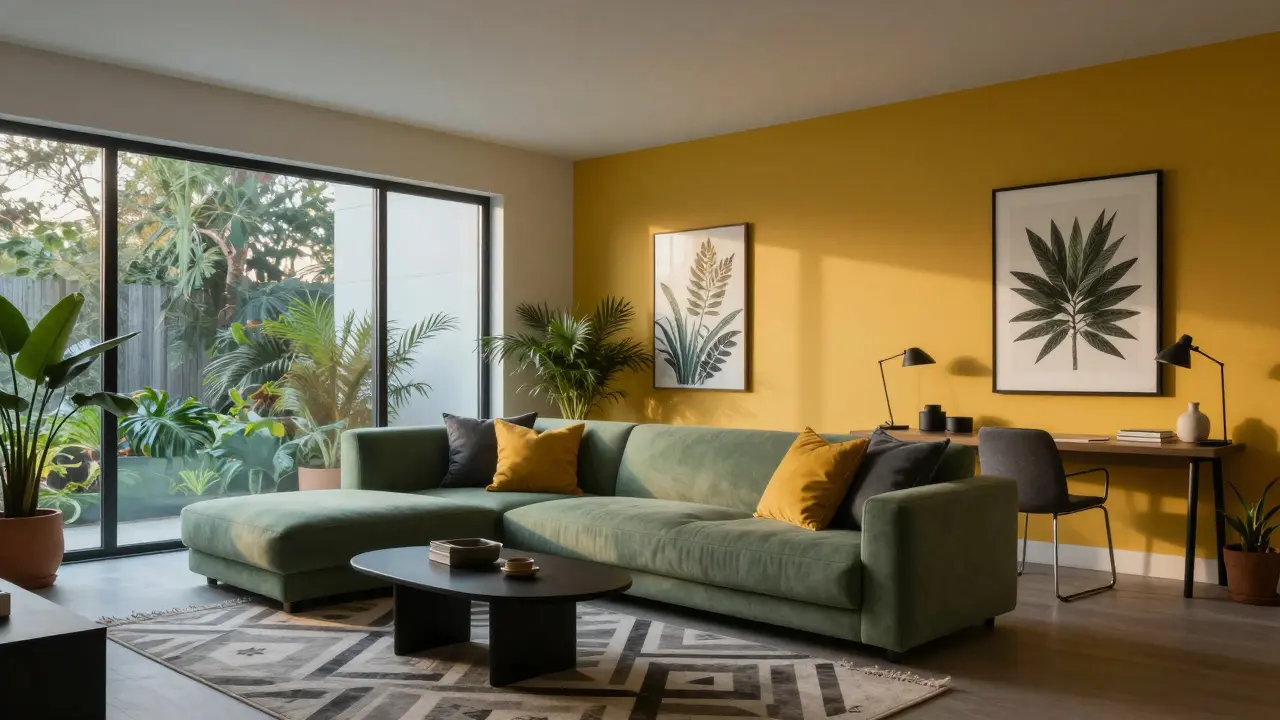 Moderní pokoj s trendovými barvami hořčice, zelené a šedé kombinace