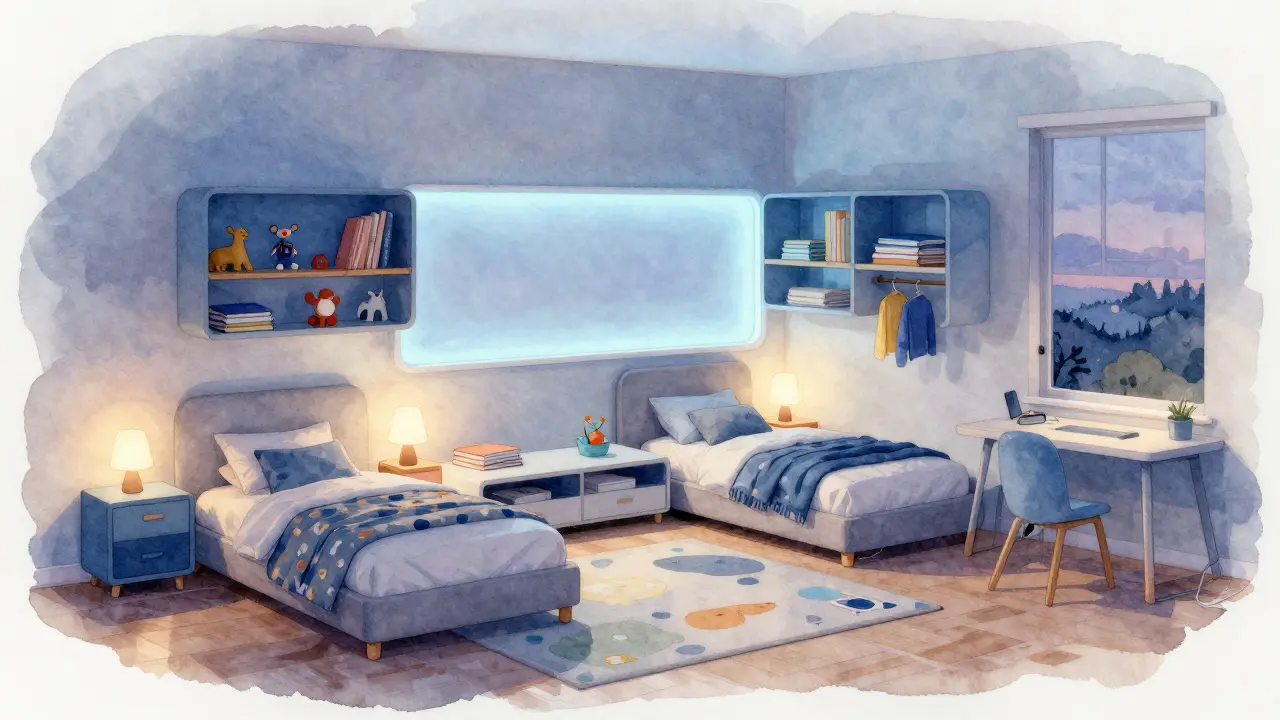 Modulární dětský pokoj s chytrým paravánem, otevřenými policemi a dvěma samostatnými zónami pro spánek a učení.