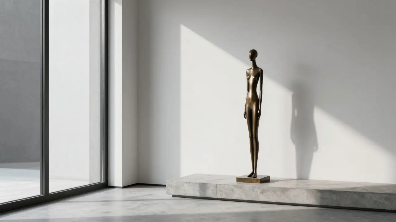 Na betonové podložce stojí jedna bronzoová soška v minimalistickém interiéru s ostrými stíny.