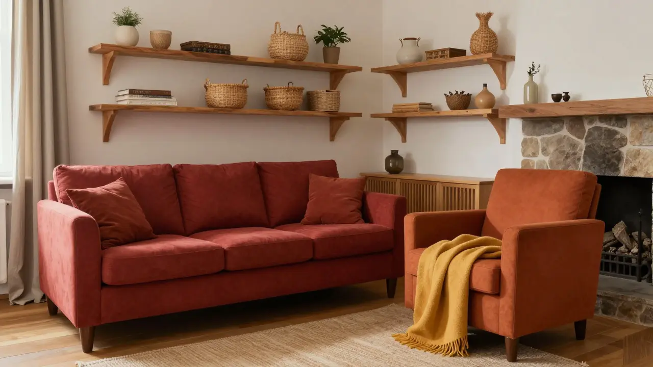 Obývací pokoj s červeno-oranžovou harmonií, dřevěnými prvky a neutrálními pozadími.