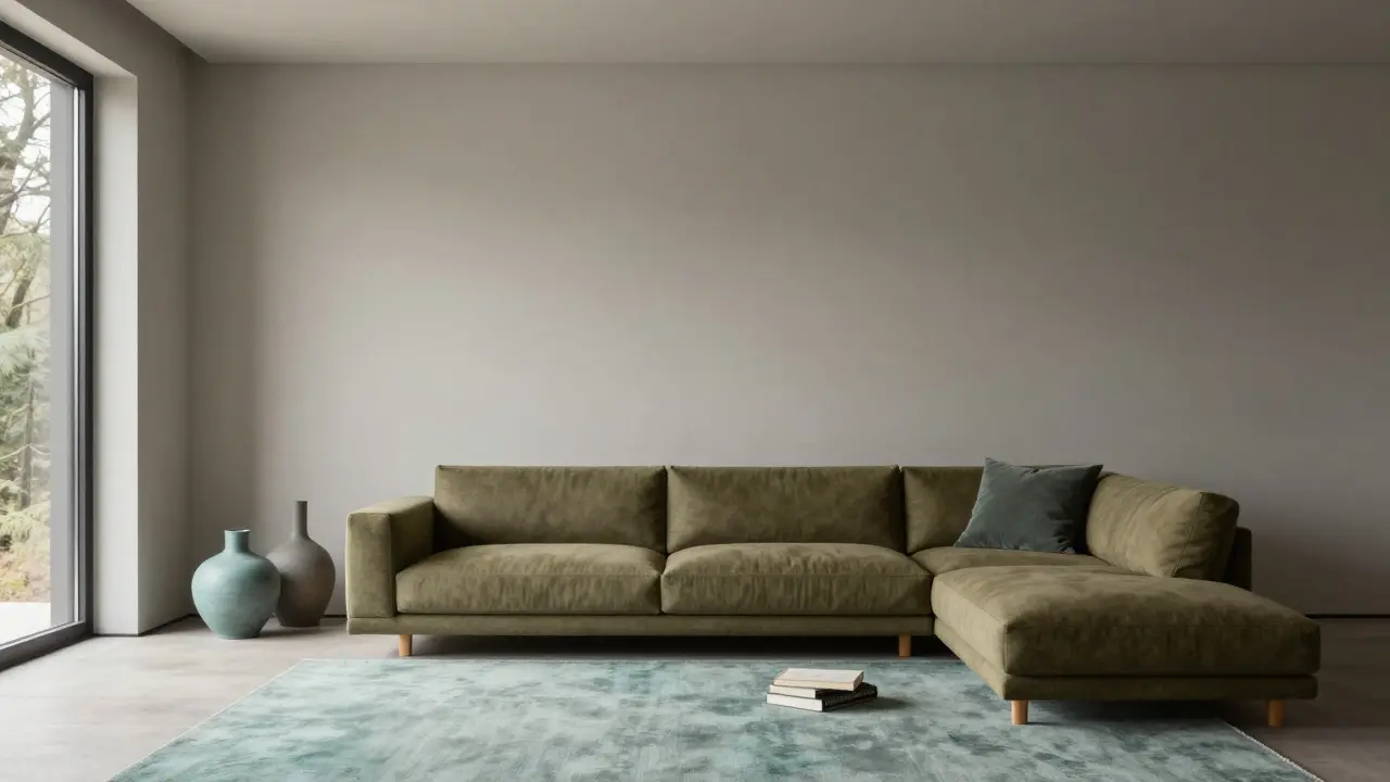 Obývací pokoj s harmonickou paletou šedé, olivové a šedozelené, inspirovaný přírodou.