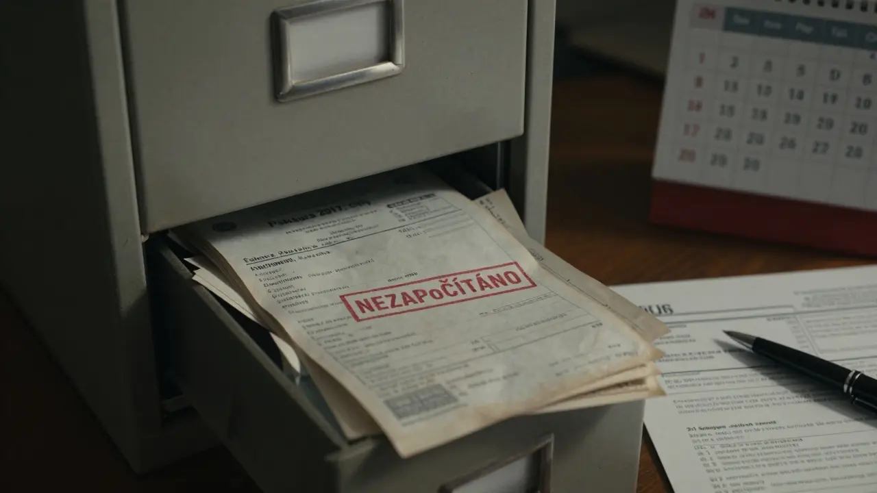 Otevřený šatník s fakturami z rekonstrukcí, jedna s červenou štětkou 'nezapočítáno', na stole kalendář s 1. dubnem 2026.