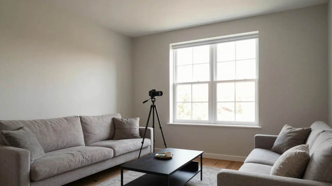 Pohled z rohu obývacího pokoje s viditelnými dvěma stěnami a přirozeným osvětlením.