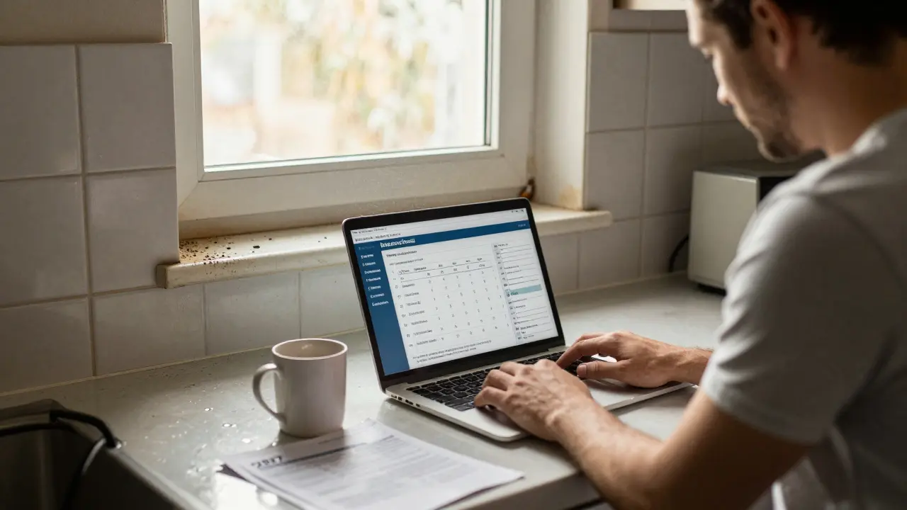 Poškozená kuchyně s domácností, která si prohlíží kalkulačku na počítači.