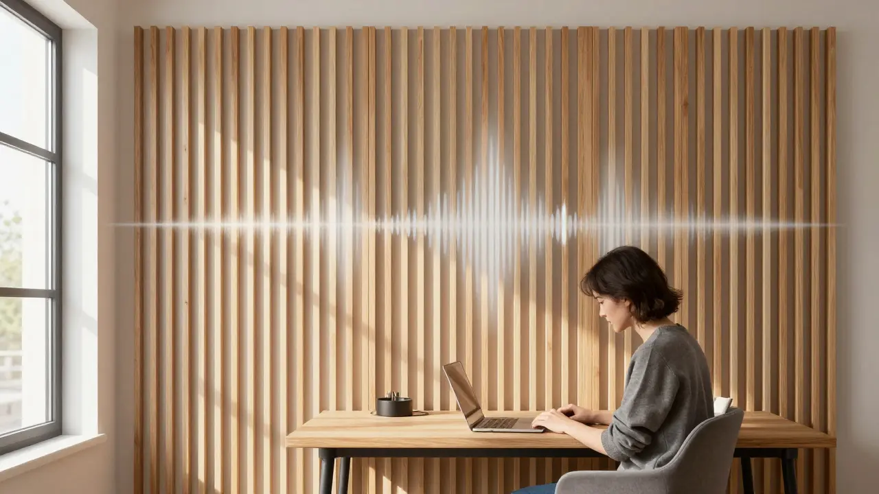 Pracovní stůl s dřevěnými lamelami na zdi, přirozené světlo, akustická absorpce zvuku.