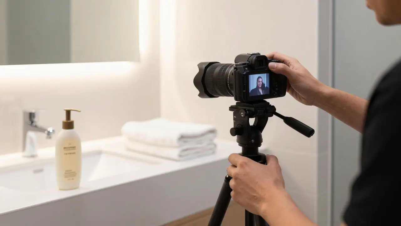 Profesionální fotografie koupelny s čistými ručníky a jednou láhví šamponu, bez odrazů a řádně osvětlené.