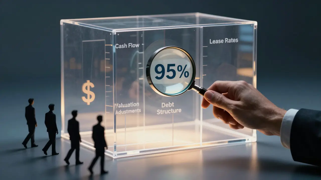 Průhledná budova reprezentující realitní fond s důrazem na pronájmové sazby a investiční průhlednost.