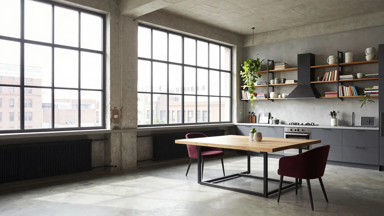 Průmyslový interiér s otevřeným půdorysem, velkými okny, vysokými police a akcentem v karmínové židli.