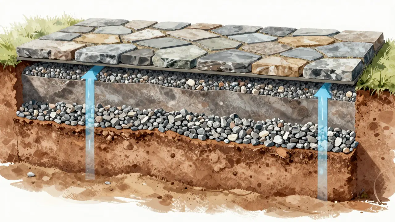 Průřez vrstev přírodní cesty s drenážním systémem