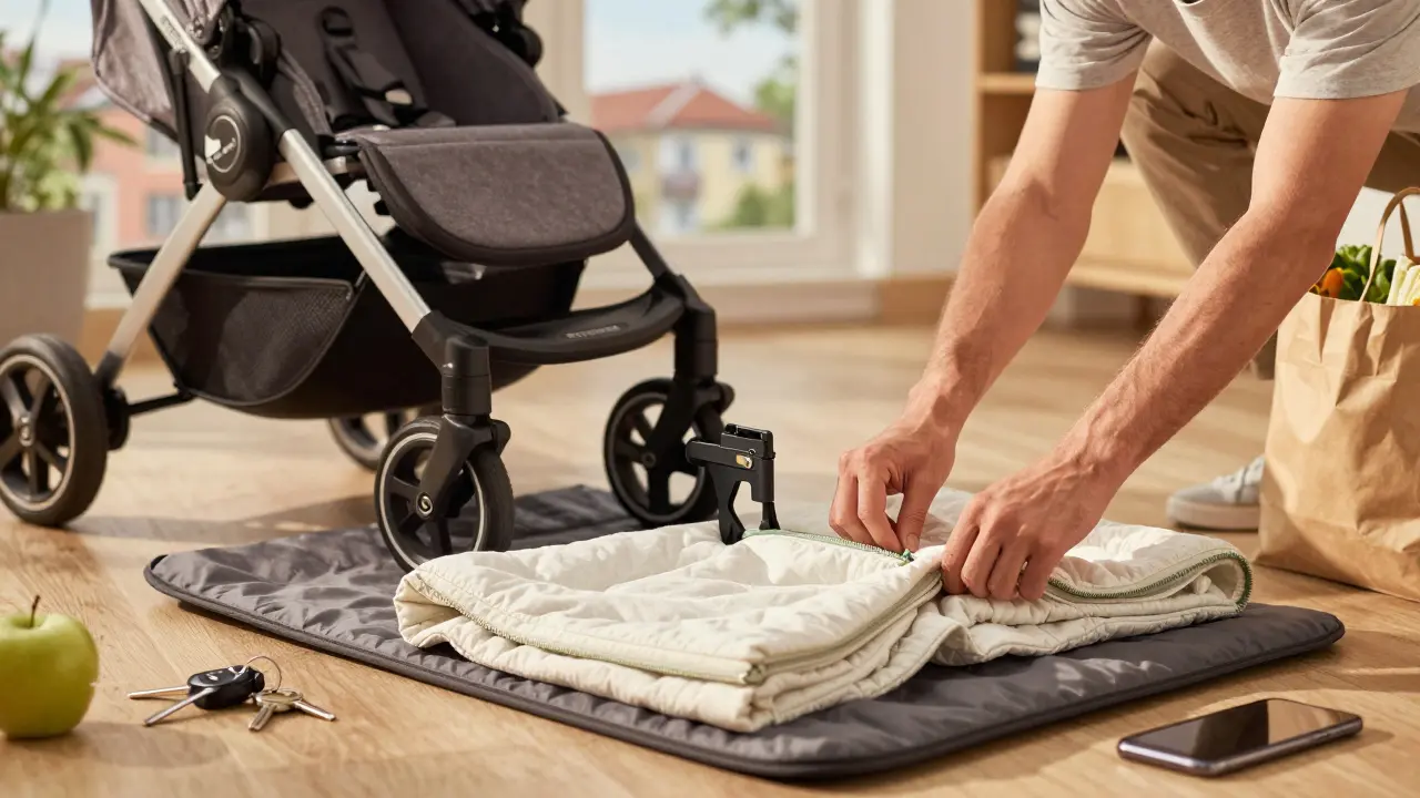 Rodič připevňuje 360° rotující háček na kočárek Thule Urban Glide 3, zatímco zipují deku na podložku v předsíni.