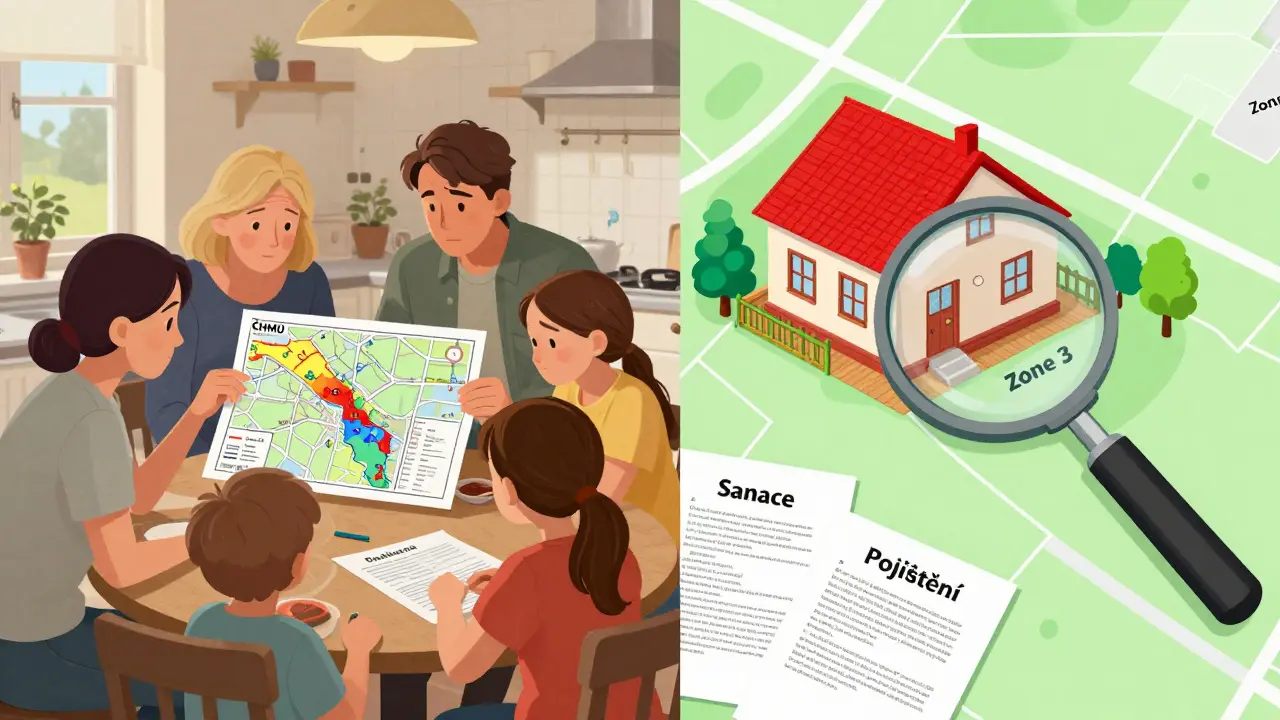Rodina prochází povodňovou mapu ČHMÚ na stole spolu s dokumenty o sanaci