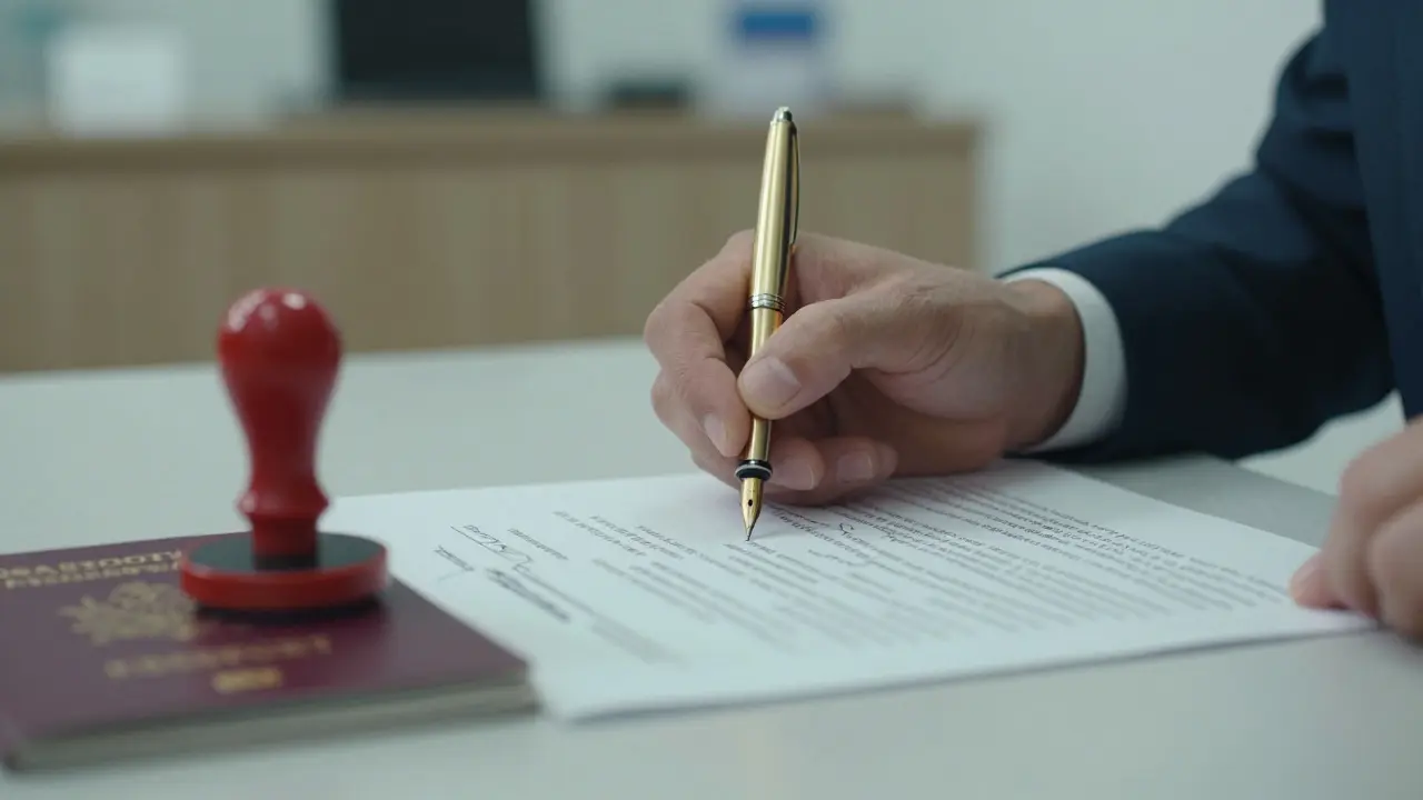 Ruka podepisující kupní smlouvu s razítkem vedle.