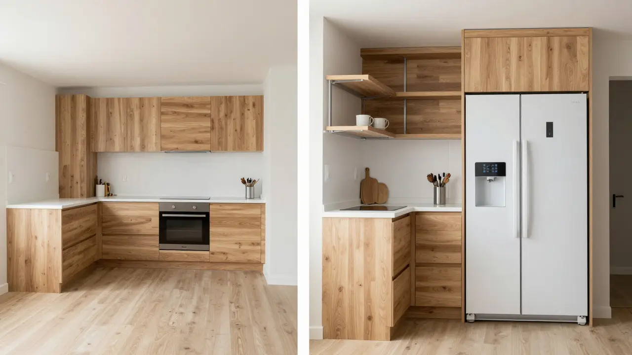Side-by-side comparison of wasted space in standard kitchen versus optimized custom kitchen in Czech apartment.