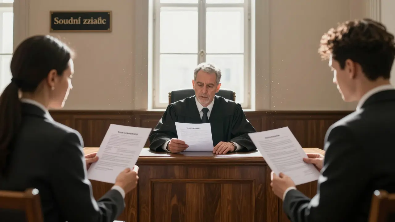 Soudce v soudní síni zkoumá právně závazný znalecký posudek během sporného případu dědictví.