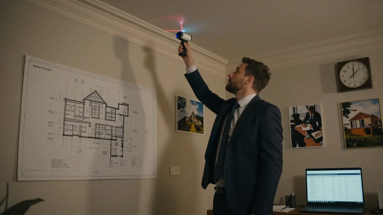 Soudní znalec měří historickou vilu, okolo něj jsou plány a fotografie stavu nemovitosti.