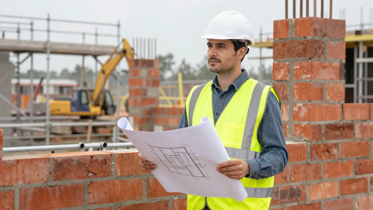 Stavitel drží plán na nezvedeném základu budovy pod širým nebem.