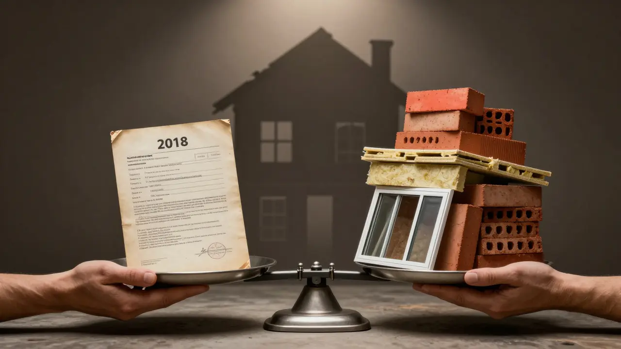 Váhy s pojištěním z roku 2018 na jedné straně a stavebními materiály na druhé.