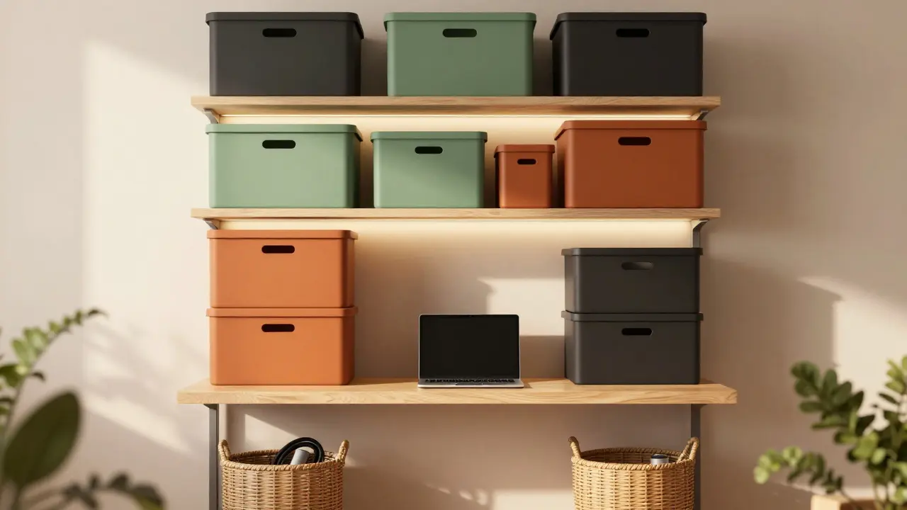 Vertikální úložné řešení nad kompaktním psacím stolem