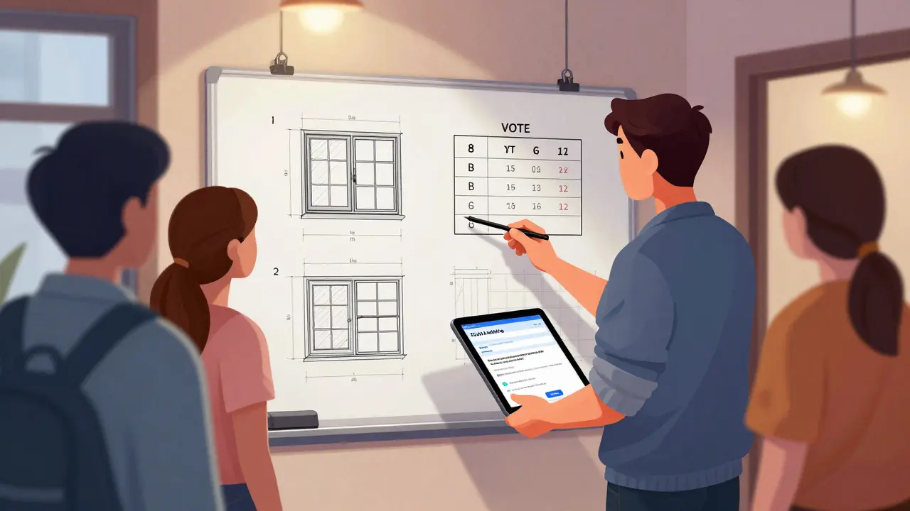 Vlastník bytu předkládá plány sousedům na schůzi, na tabuli je vidět 8 schválení z 12 bytů.