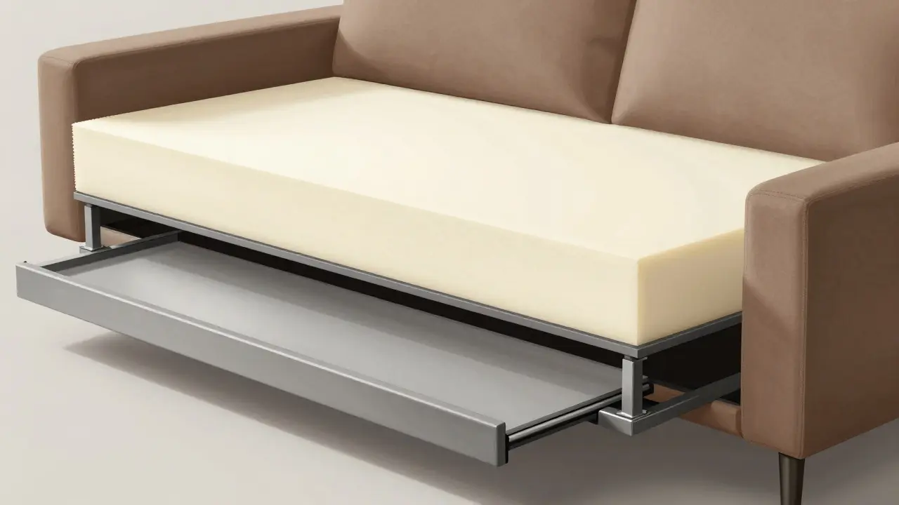 Vnitřní konstrukce kvalitní pohovky s ocelovým rámem a hustou pěnovou matrací, viditelná v řezu.