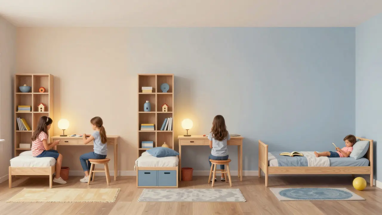 Vývoj dětského pokoje od dětství do dospívání, s důrazem na přizpůsobení prostoru věku a potřebám dětí.