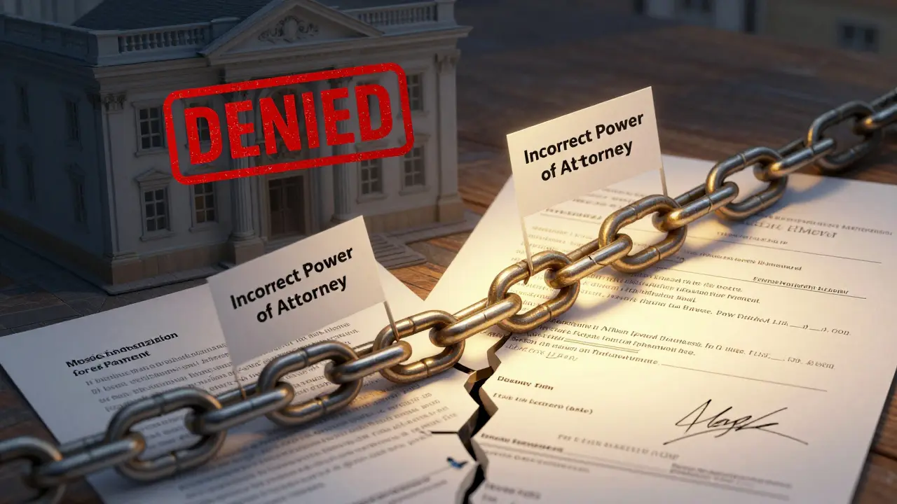 Zlomený řetězec symbolizuje selhání prodeje nemovitosti kvůli chybějícímu oprávnění k přijetí peněz.