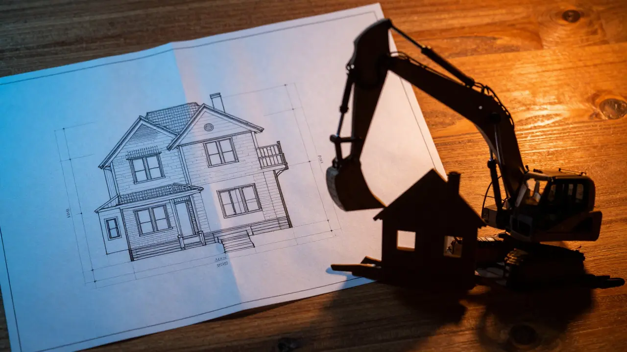 Architektonický plán domu přehrávaný stínem demolátoru.