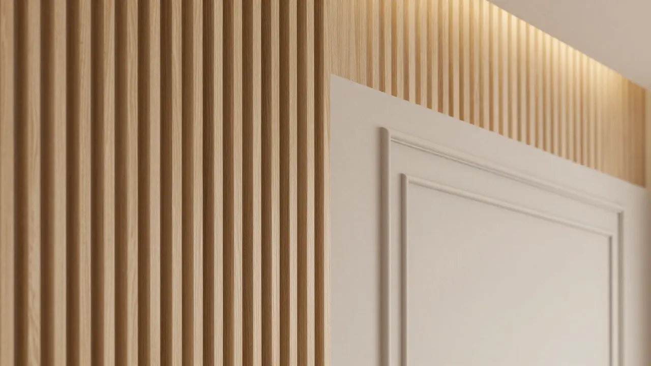 Detail kombinace světlých dřevěných lamel a elegantních nástěnných lišt.