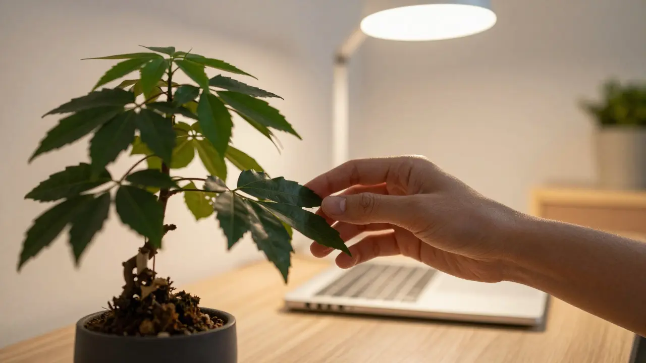 Detail ruky člověka, který se dotýká listů mini-fíkuše pro krátký mentální reset.