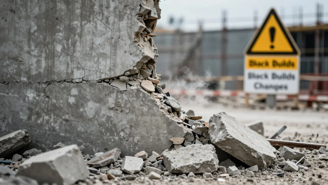 Detail zbourané betonové zdi znázornující rizika neoprávněných stavebních úprav.